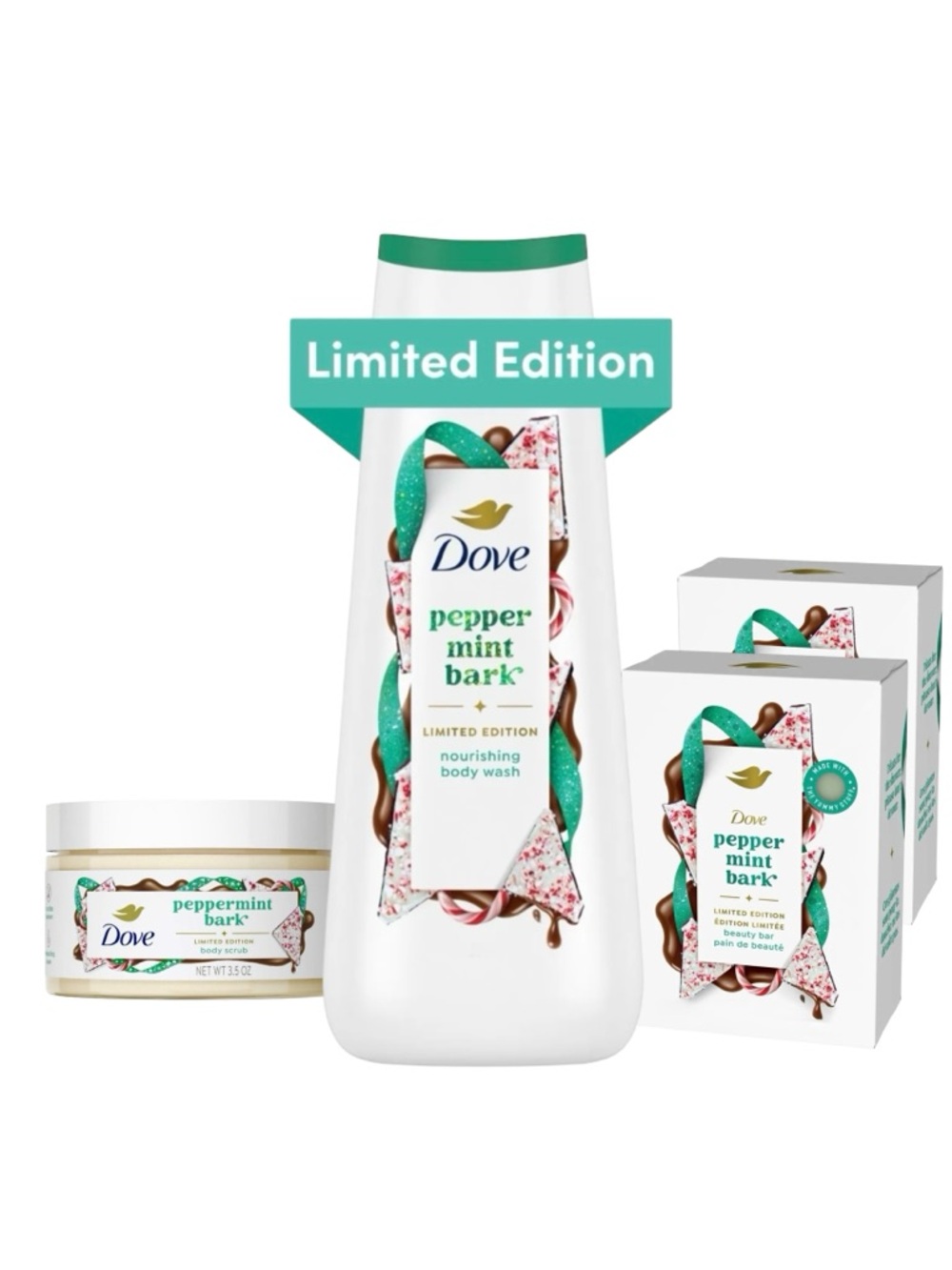Dove Peppermint Bark Body Wash Body Scrub Beauty Bars Lot Holiday Treats NWT